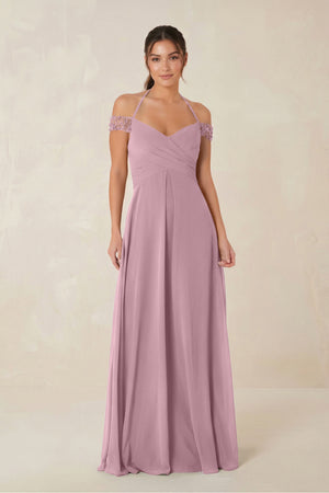 A-Line Off-the-Shoulder Chiffon Bridesmaid Dress in Vintage Mauve | KISSBRIDAL
