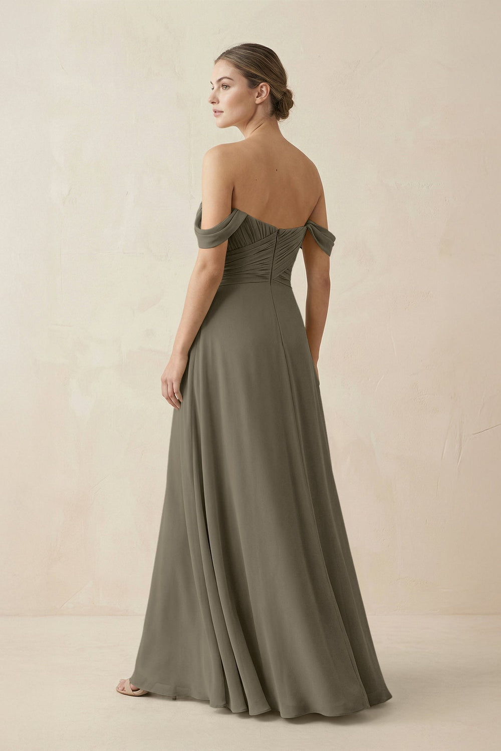 A-Line Off-the-Shoulder Chiffon Bridesmaid Dress in Willow Green - KISS BRIDAL BRIDESMAID DRESSES