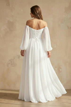 A Line Off The Shoulder Long Sleeves Chiffon Wedding Dress in White - KISS BRIDAL Wedding Dresses