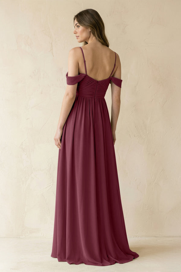 A-Line Off-the-Shoulder Pleated Chiffon Bridesmaid Dress in Desert Rose (2) | KISSBRIDAL