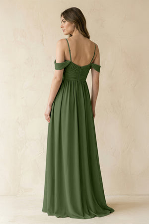 A-Line Off-the-Shoulder Pleated Chiffon Bridesmaid Dress in Moss (2) | KISSBRIDAL
