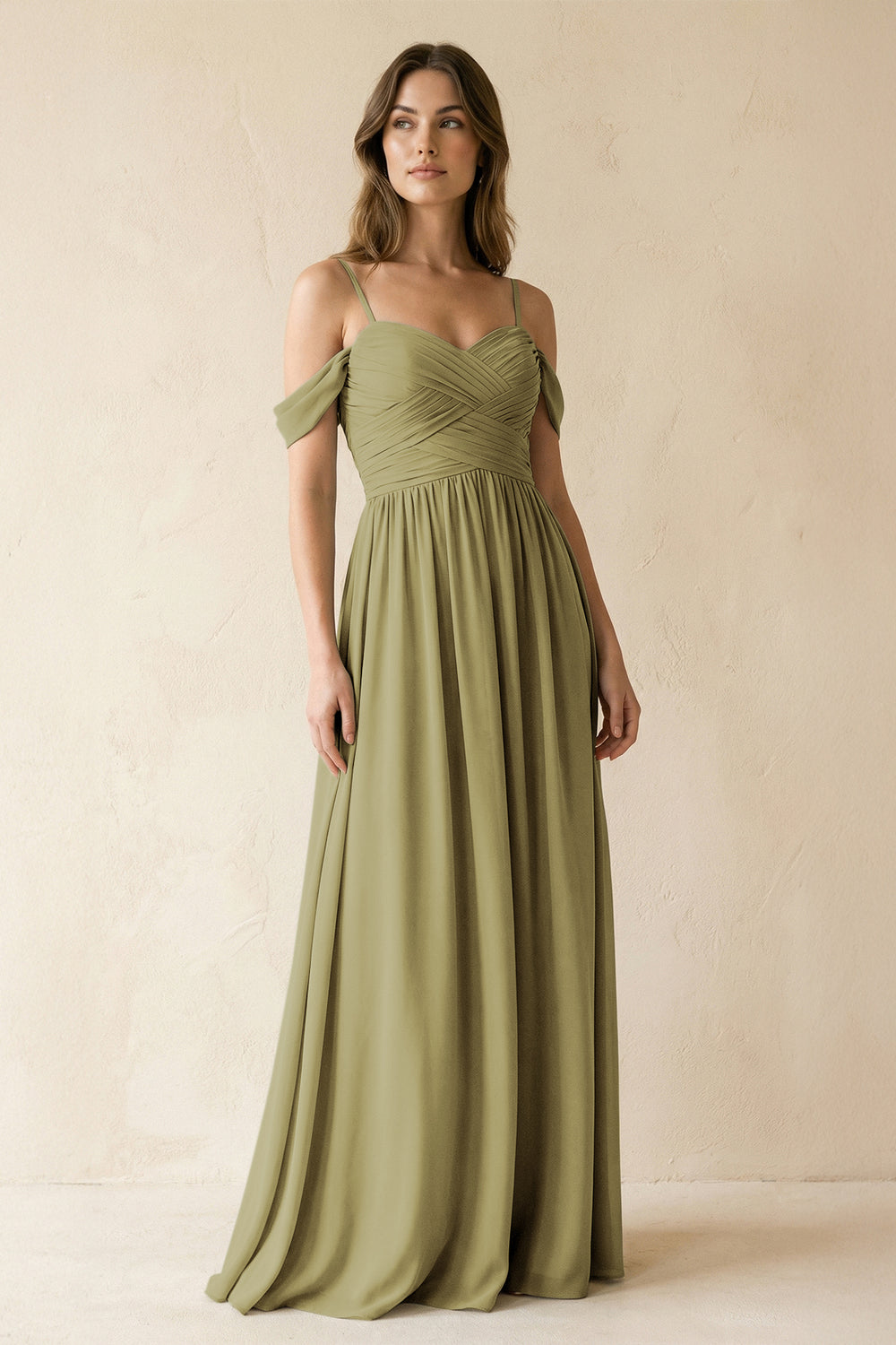 A-Line Off-the-Shoulder Pleated Chiffon Bridesmaid Dress in Moss Green