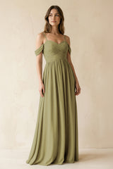 A-Line Off-the-Shoulder Pleated Chiffon Bridesmaid Dress in Moss Green | KISSBRIDAL