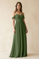 A-Line Off-the-Shoulder Pleated Chiffon Bridesmaid Dress in Moss | KISSBRIDAL