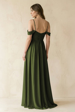 A - Line Off - the - Shoulder Pleated Chiffon Bridesmaid Dress in Olive - SHE IS ME Bridesmaid Dresses