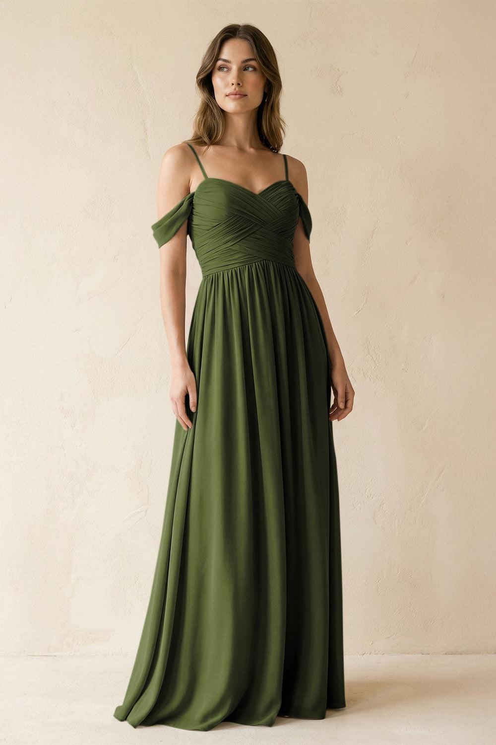 A - Line Off - the - Shoulder Pleated Chiffon Bridesmaid Dress in Olive - KISS BRIDAL Bridesmaid Dresses