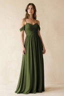 A - Line Off - the - Shoulder Pleated Chiffon Bridesmaid Dress in Olive - SHE IS ME Bridesmaid Dresses