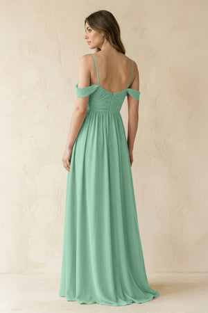 A - Line Off - the - Shoulder Pleated Chiffon Bridesmaid Dress in Pale Pistachio - SHE IS ME Bridesmaid Dresses
