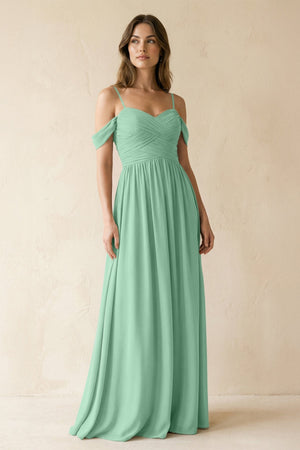 A - Line Off - the - Shoulder Pleated Chiffon Bridesmaid Dress in Pale Pistachio - SHE IS ME Bridesmaid Dresses