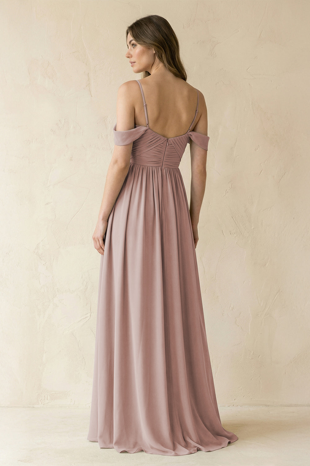 A-Line Off-the-Shoulder Pleated Chiffon Bridesmaid Dress in Toffee