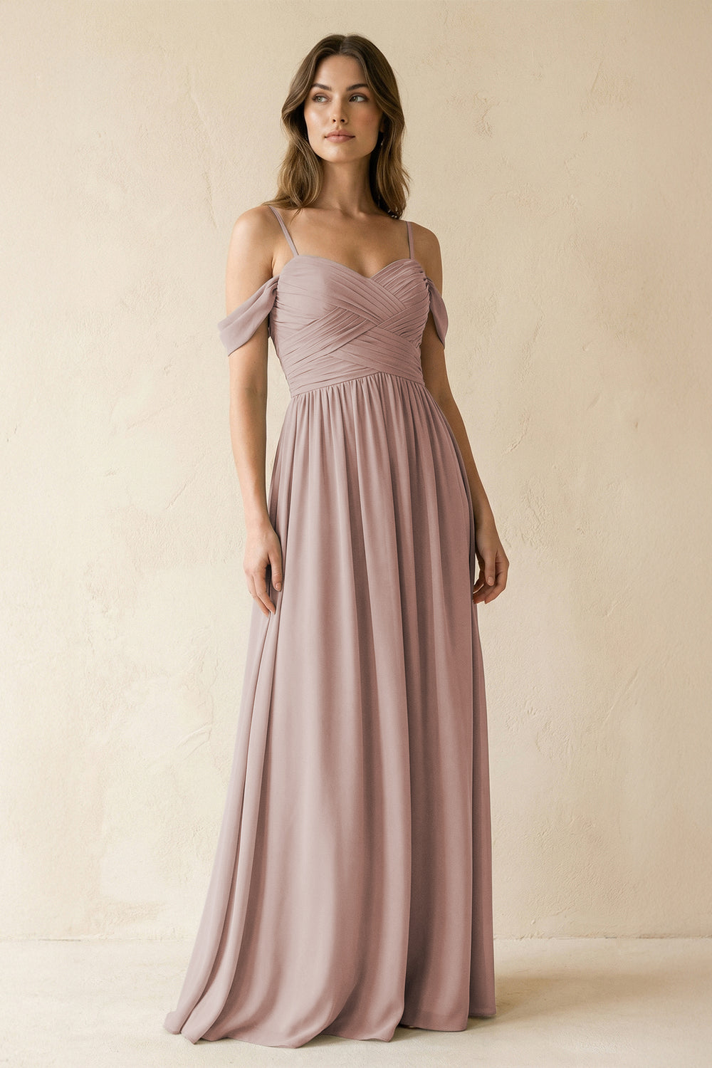 A-Line Off-the-Shoulder Pleated Chiffon Bridesmaid Dress in Toffee