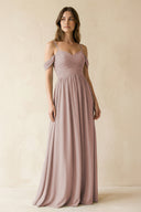 A-Line Off-the-Shoulder Pleated Chiffon Bridesmaid Dress in Toffee | KISSBRIDAL
