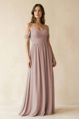 A-Line Off-the-Shoulder Pleated Chiffon Bridesmaid Dress in Toffee | KISSBRIDAL