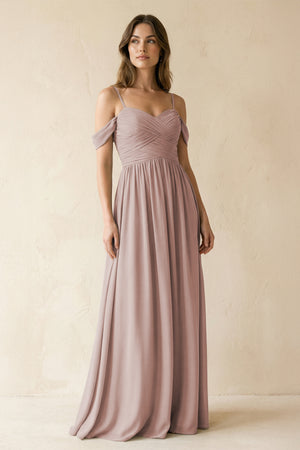 A-Line Off-the-Shoulder Pleated Chiffon Bridesmaid Dress in Toffee | KISSBRIDAL