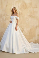 White A-Line Off the Shoulder Satin Wedding Dresses in White - KISS BRIDAL Wedding Dresses