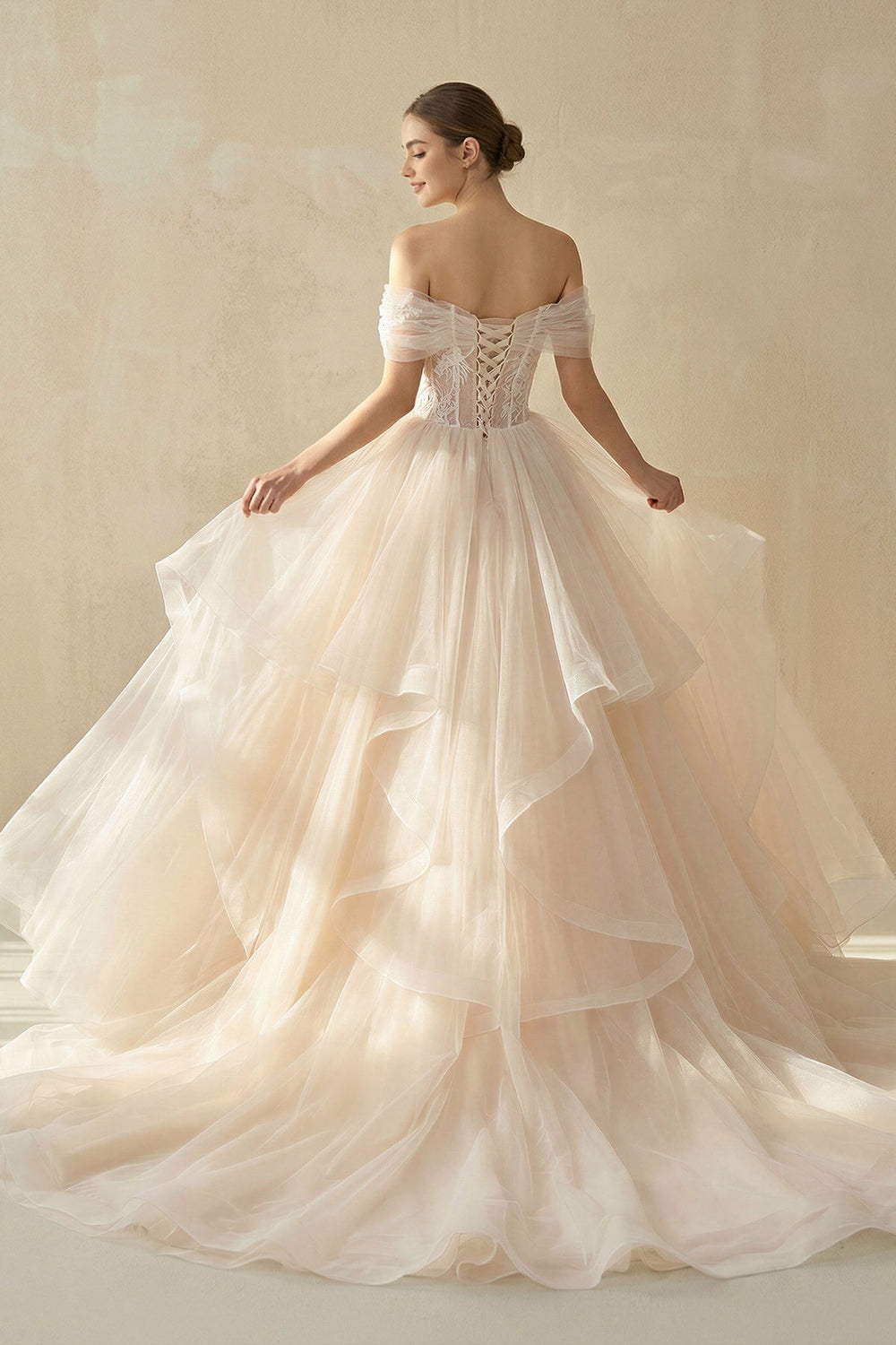 A - Line Off - the - Shoulder Tulle Wedding Dress - SHE IS ME Wedding Dresses