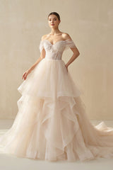 A - Line Off - the - Shoulder Tulle Wedding Dress - KISS BRIDAL Wedding Dresses