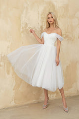 A Line Off The Shoulder Tulle Wedding Dress in White - KISS BRIDAL Wedding Dresses