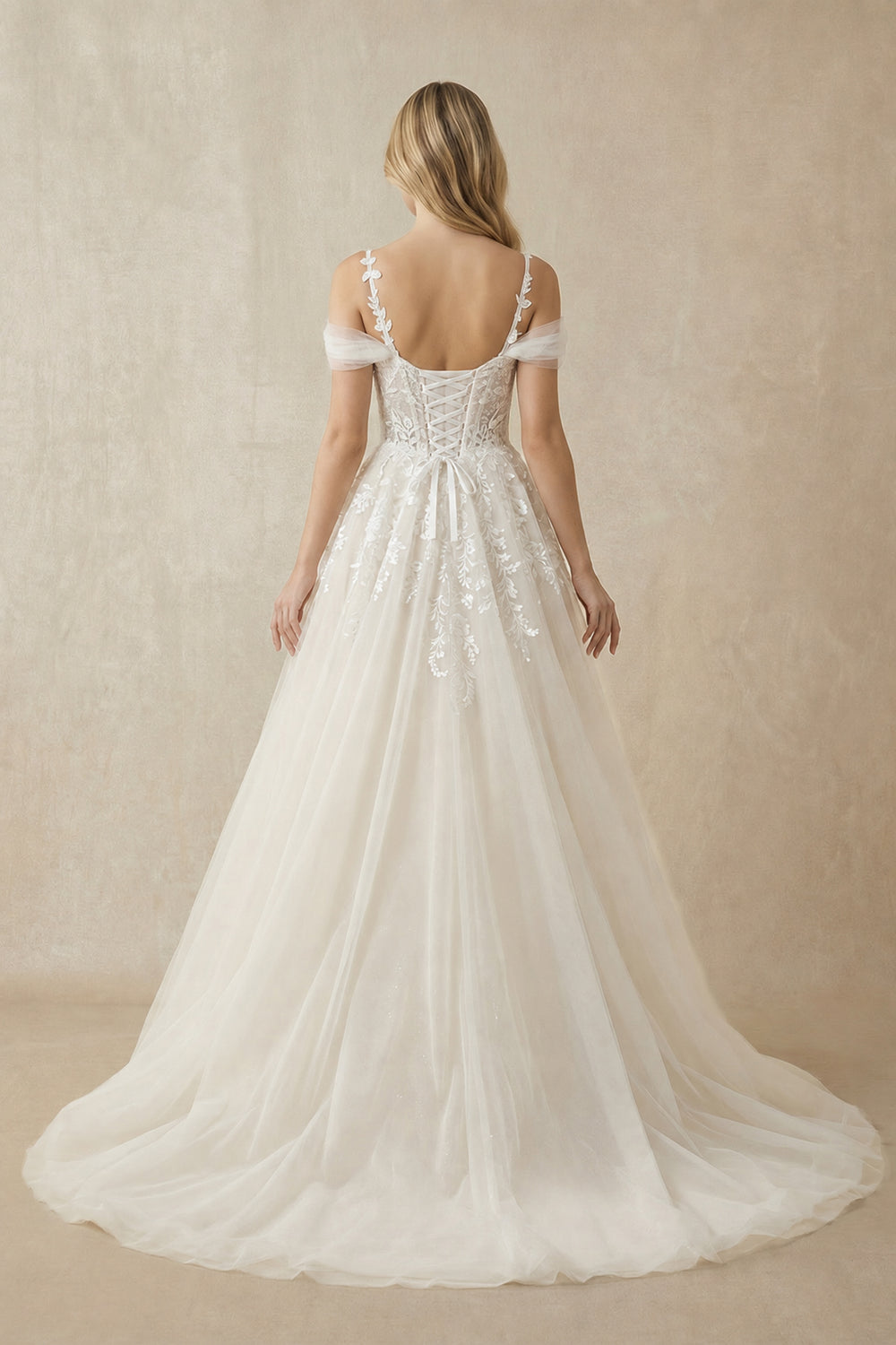 A - Line Off - The - Shoulder Tulle Wedding Dresses in Ivory - KISS BRIDAL Wedding Dresses