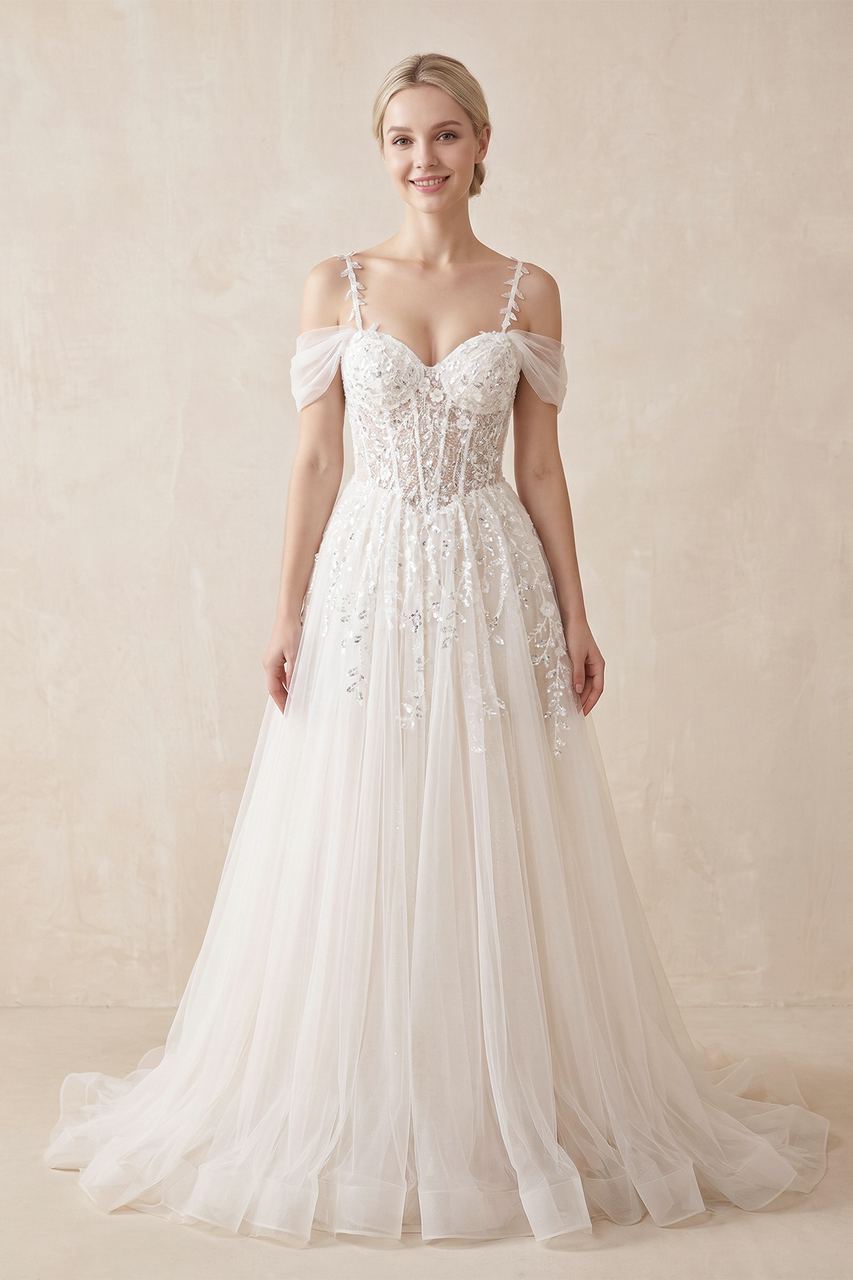 A-Line Off-The-Shoulder Tulle Wedding Dresses in Ivory