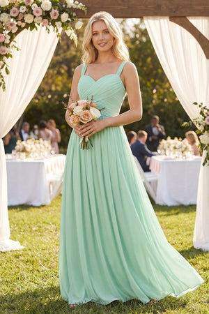 A-Line Pleated Long Chiffon Bridesmaid Dress in Pale Pistachio - SHE IS ME BRIDESMAID DRESSES