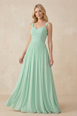A-Line Pleated Long Chiffon Bridesmaid Dress in Pale Pistachio - KISS BRIDAL BRIDESMAID DRESSES