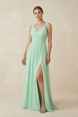 A - Line Pleated Chiffon Long Bridesmaid Dress - KISS BRIDAL Bridesmaid Dresses