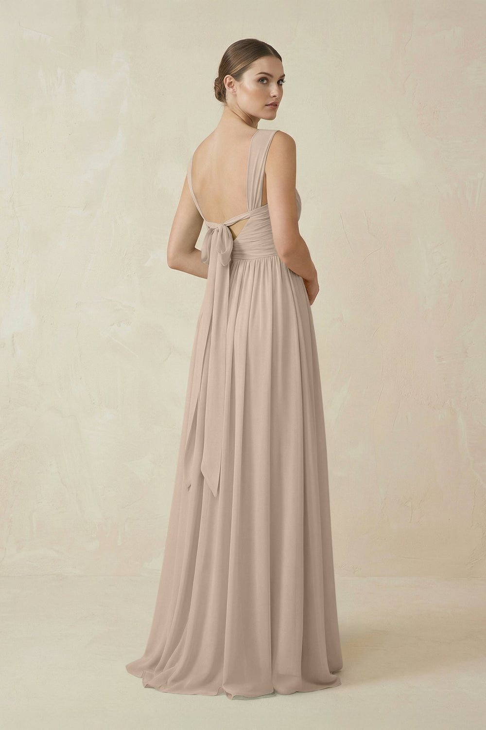 A - Line Pleated Chiffon Long Bridesmaid Dress in Almond - SHE IS ME Bridesmaid Dresses