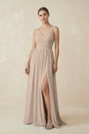 A - Line Pleated Chiffon Long Bridesmaid Dress in Almond - SHE IS ME Bridesmaid Dresses