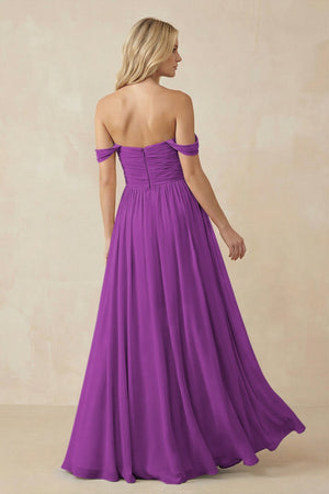 A - Line Pleated Chiffon Long Bridesmaid Dress in Amethyst - SHE IS ME Bridesmaid Dresses