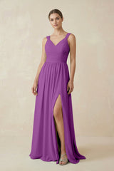 A - Line Pleated Chiffon Long Bridesmaid Dress in Amethyst - KISS BRIDAL Bridesmaid Dresses