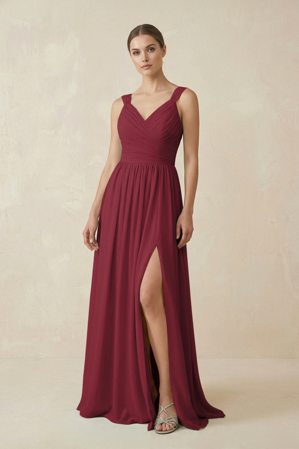 A-Line Pleated Chiffon Long Bridesmaid Dress in Berry