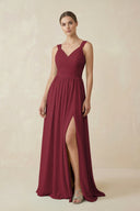 A - Line Pleated Chiffon Long Bridesmaid Dress in Berry - KISS BRIDAL Bridesmaid Dresses