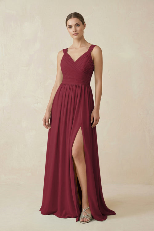 A - Line Pleated Chiffon Long Bridesmaid Dress in Berry - KISS BRIDAL Bridesmaid Dresses