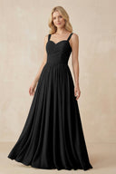 A - Line Pleated Chiffon Long Bridesmaid Dress in Black - SHE IS ME Bridesmaid Dresses