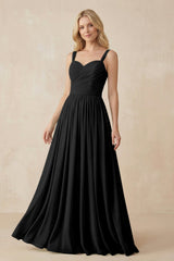 A - Line Pleated Chiffon Long Bridesmaid Dress in Black - KISS BRIDAL Bridesmaid Dresses