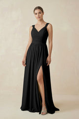 A - Line Pleated Chiffon Long Bridesmaid Dress in Black - KISS BRIDAL Bridesmaid Dresses