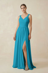A - Line Pleated Chiffon Long Bridesmaid Dress in Blue Jay - KISS BRIDAL Bridesmaid Dresses