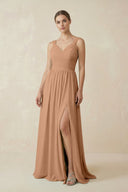 A - Line Pleated Chiffon Long Bridesmaid Dress in Bronzer - SHE IS ME Bridesmaid Dresses