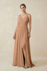 A - Line Pleated Chiffon Long Bridesmaid Dress in Bronzer - KISS BRIDAL Bridesmaid Dresses