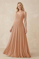 A - Line Pleated Chiffon Long Bridesmaid Dress in Bronzer - KISS BRIDAL Bridesmaid Dresses