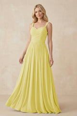 A - Line Pleated Chiffon Long Bridesmaid Dress in Buttercup - KISS BRIDAL Bridesmaid Dresses