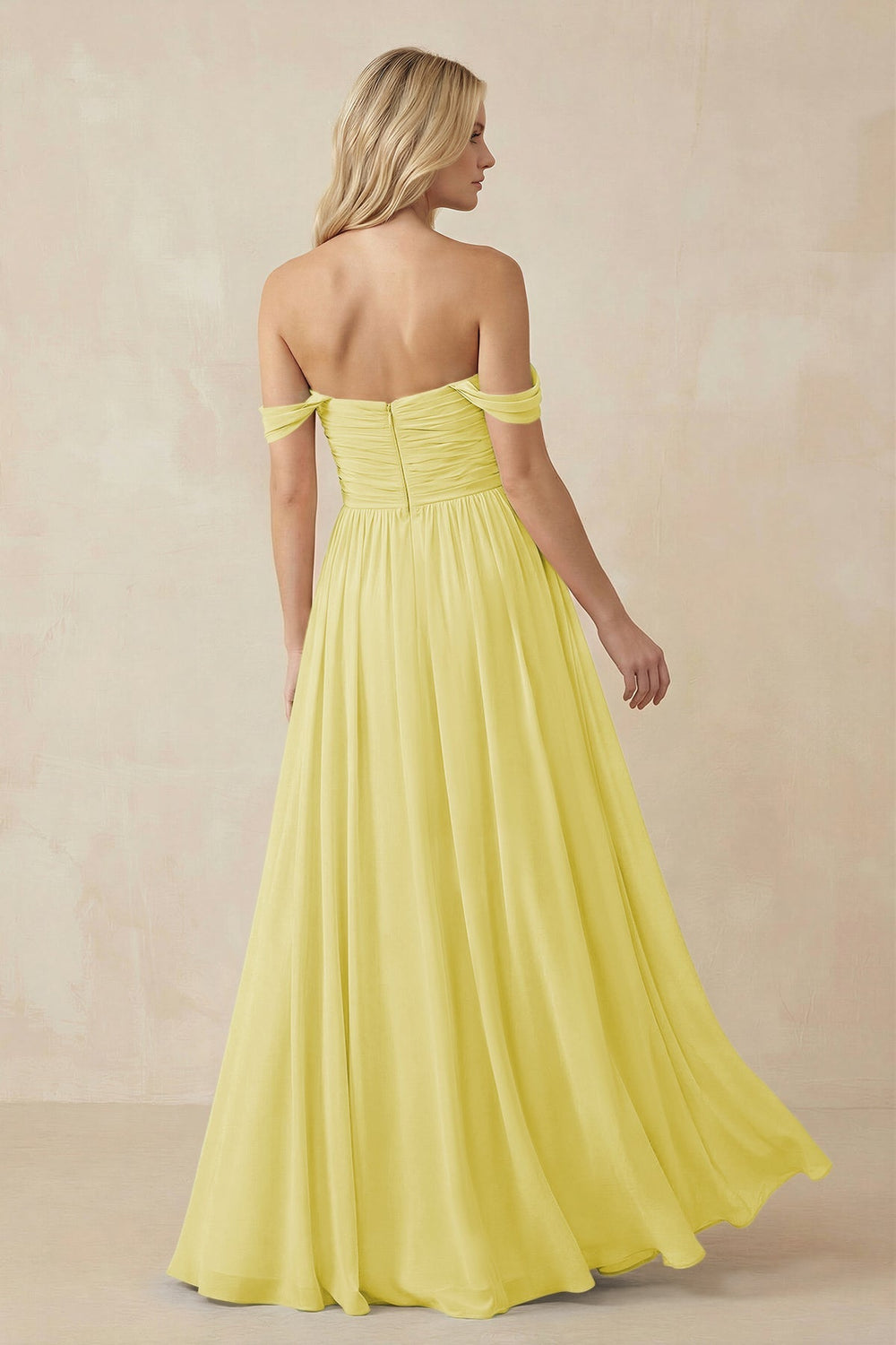 A - Line Pleated Chiffon Long Bridesmaid Dress in Buttercup - SHE IS ME Bridesmaid Dresses