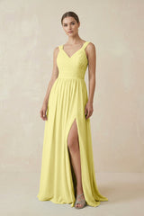 A - Line Pleated Chiffon Long Bridesmaid Dress in Buttercup - KISS BRIDAL Bridesmaid Dresses