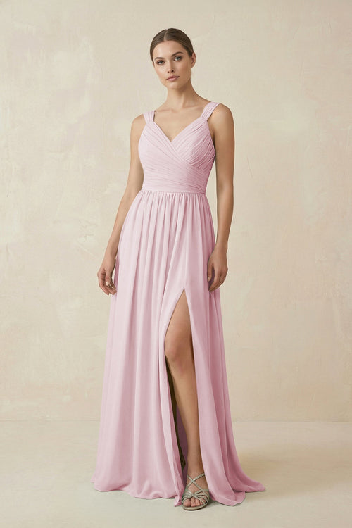 A-Line Pleated Chiffon Long Bridesmaid Dress in Candy Pink