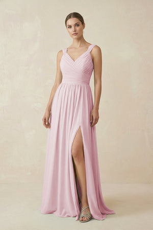 A - Line Pleated Chiffon Long Bridesmaid Dress in Candy Pink - SHE IS ME Bridesmaid Dresses