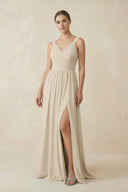 A - Line Pleated Chiffon Long Bridesmaid Dress in Champagne - SHE IS ME Bridesmaid Dresses