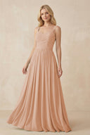 A - Line Pleated Chiffon Long Bridesmaid Dress in Champagne Rose - SHE IS ME Bridesmaid Dresses