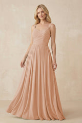 A - Line Pleated Chiffon Long Bridesmaid Dress in Champagne Rose - KISS BRIDAL Bridesmaid Dresses