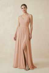 A - Line Pleated Chiffon Long Bridesmaid Dress in Champagne Rose - KISS BRIDAL Bridesmaid Dresses